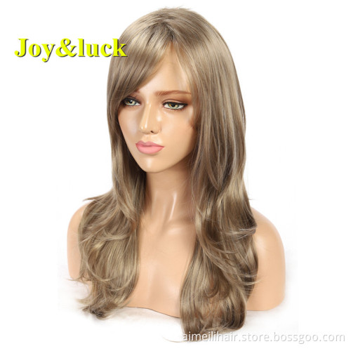 Wholesale Price Long Blonde Mix Brown Color Party Natural Wave Wigs for Women With Bangs Cosplay Wig Style Synthetic Hair Wigs